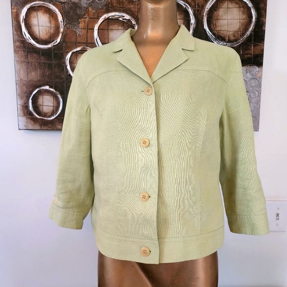 Talbots Lime Green 100% Irish Linen Four Button Front Short Jacket Size 10 - Picture 5 of 9
